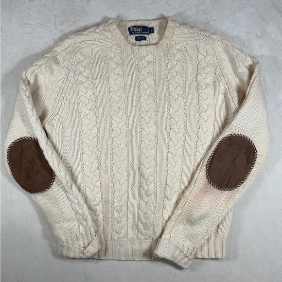 Polo Ralph Lauren Wool Linen Blend Ivory Cable Knit Sweater Brown Elbow Patches - Picture 1 of 8